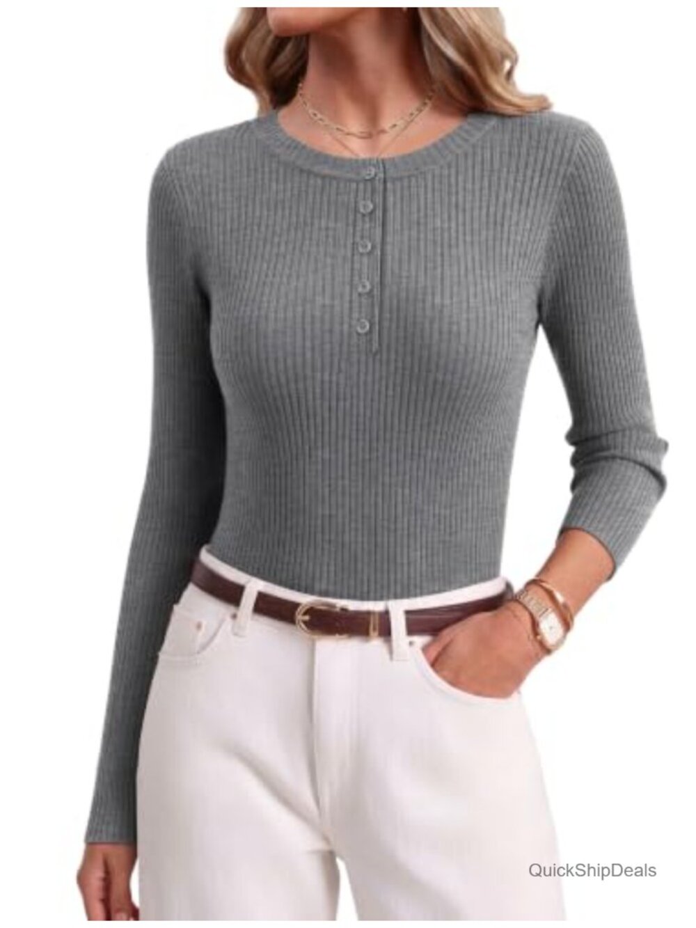 Women's Long Sleeve Henley Top Ribbed Knit Lightweight Sweater Pullover